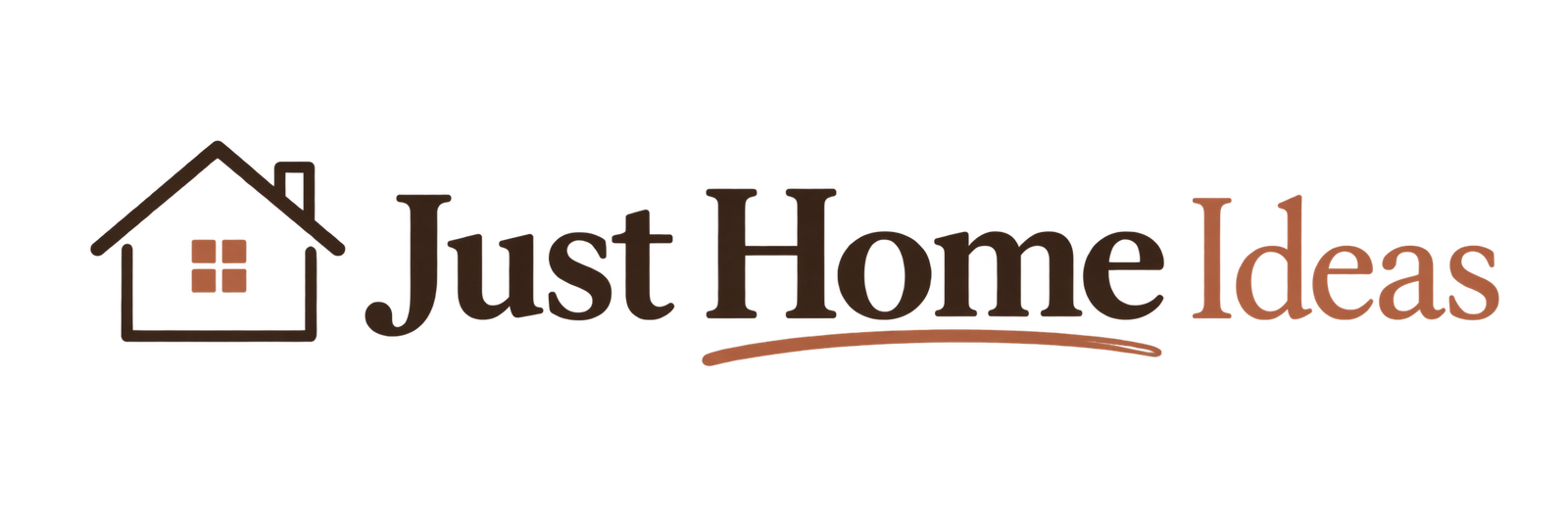 Just Home Ideas logo with a minimalist house icon, espresso brown lettering, muted terracotta accents, and a hand-drawn underline beneath Home.