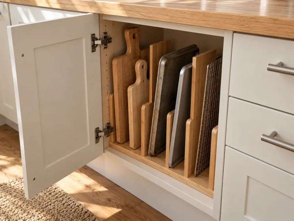 Cutting boards, baking trays and cooling racks stored upright in lower cabinet dividers