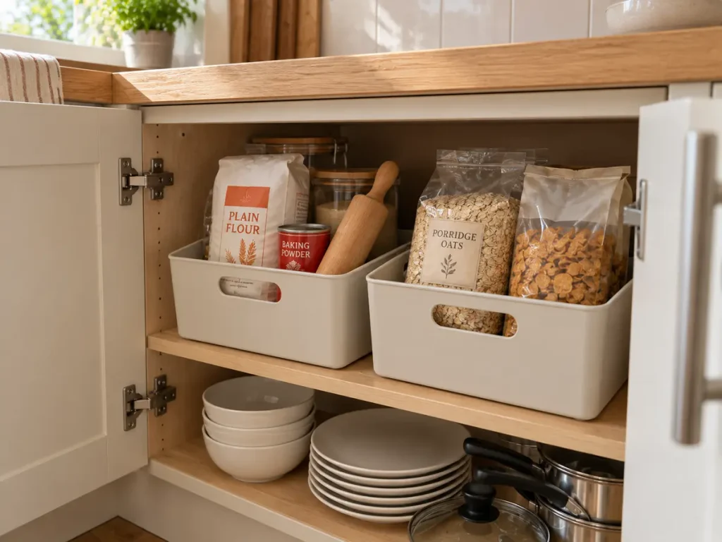 Deep lower kitchen cabinet organized with handled bins for baking and breakfast supplies