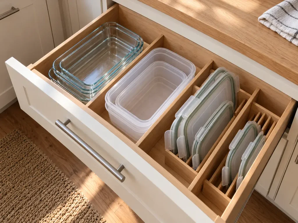 Deep kitchen drawer organized with glass containers, plastic containers and matching lids