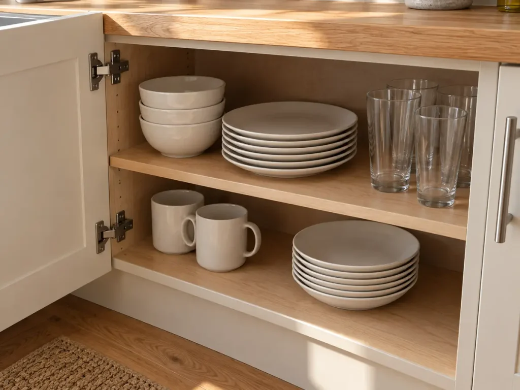 Organized kitchen cabinet with everyday plates, bowls, glasses and open shelf space