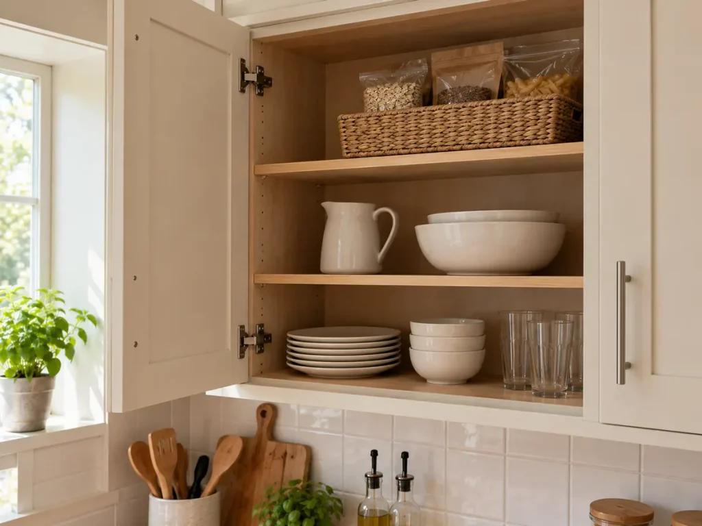 Kitchen cabinet organized into daily-use dishes, occasional serving items and pantry backstock