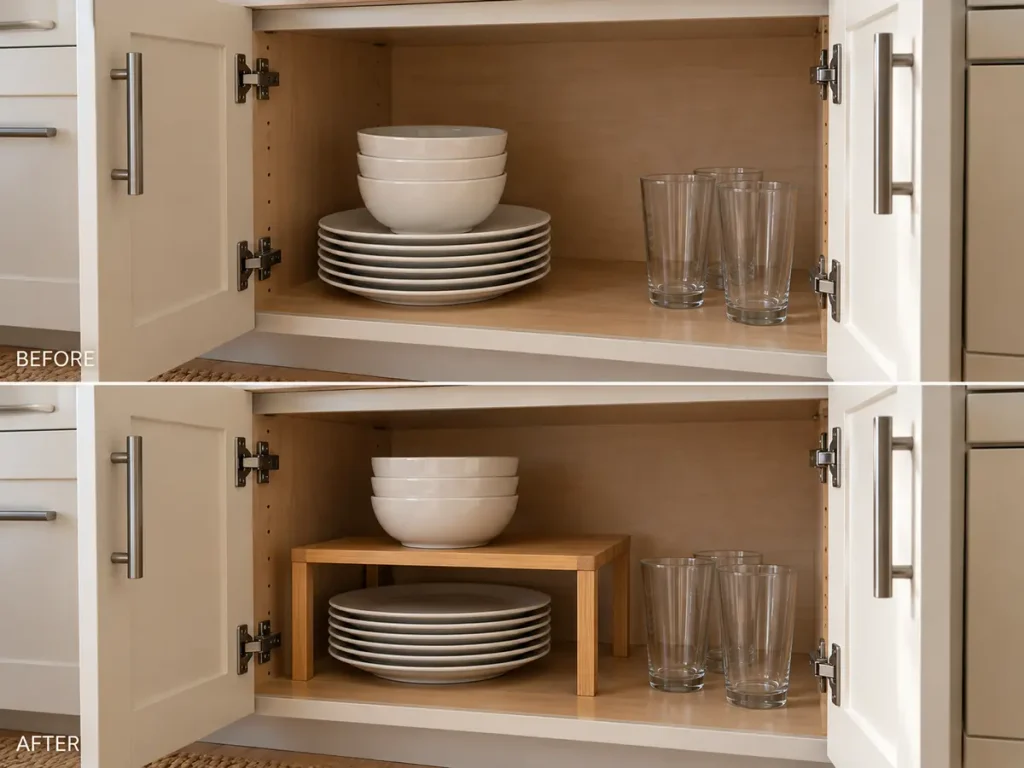 Before and after kitchen cabinet organization using a shelf riser for plates and bowls