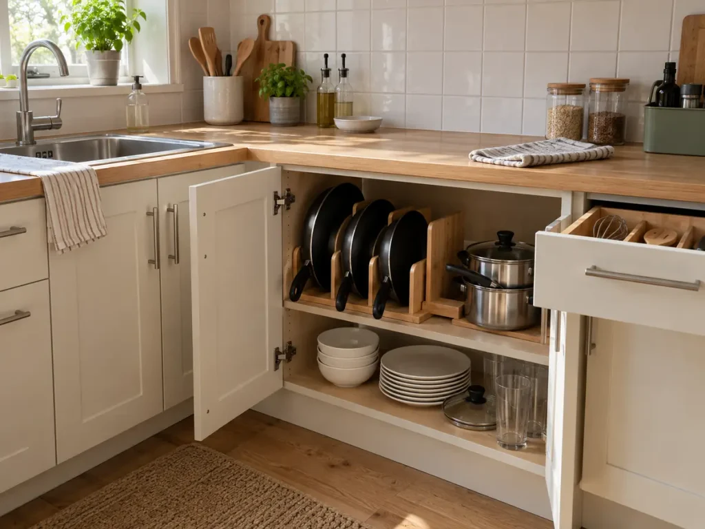 Small organized kitchen with open cookware cabinet, vertical frying pans and a utensil drawer