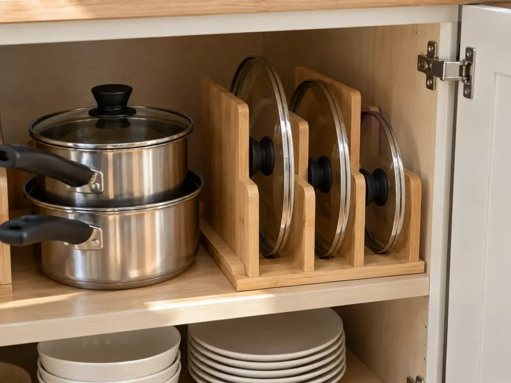 Glass pot lids stored upright in a narrow organizer beside nested saucepans