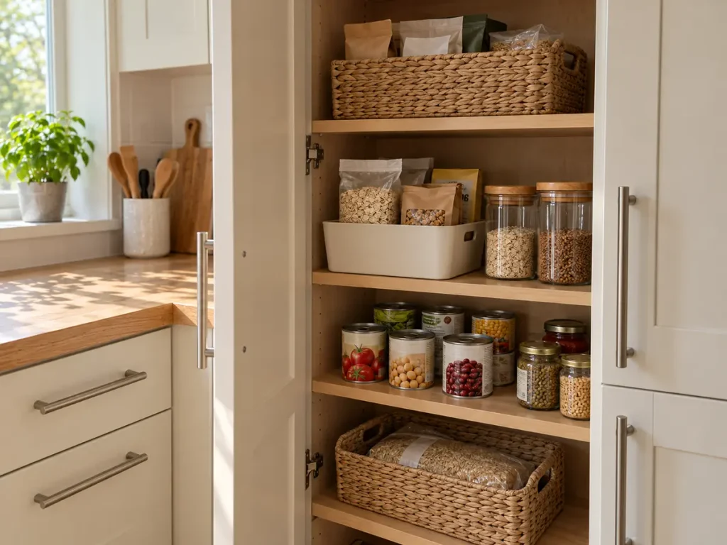 Small pantry organized with grains, canned food, breakfast items and unopened backstock