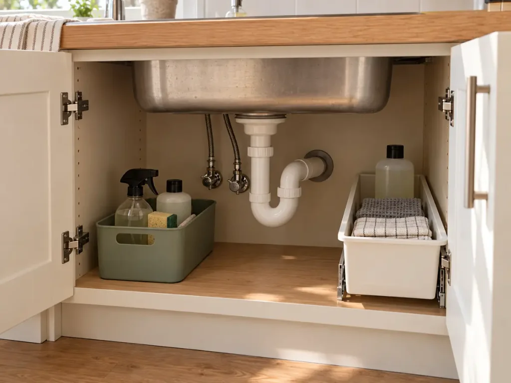 Under-sink kitchen cabinet with visible plumbing, cleaning caddy and pull-out storage bin