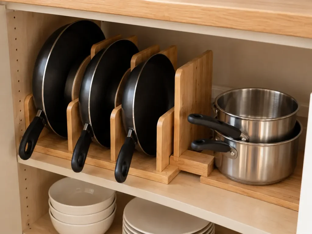 Vertical frying pan storage rack with nested saucepans in a lower kitchen cabinet